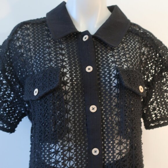 NWT Benaar LA Jeiley Black 2Pc Set Crochet Gauzy Contrast Collared Top Short M C - Picture 5 of 16